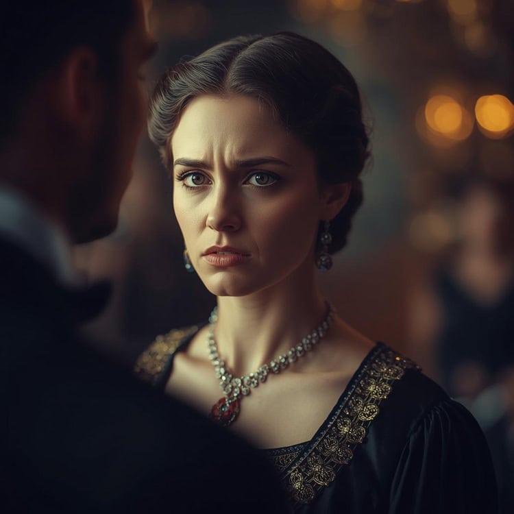 A regency woman staring at a man with a look of longing and sadness.